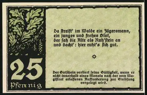 Notgeld Benneckenstein 1921, 25 Pfennig, Jägersmann im Walde und Text, Gültigkeitshinweis, grün-schwarz