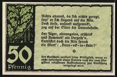 Notgeld Benneckenstein, Juli 1921, 50 Pfennig, grünes Design mit Jagdmotiv und Text auf Rückseite