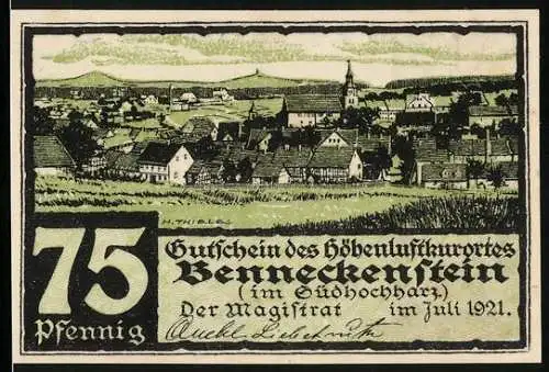 Notgeld Benneckenstein, 1921, 75 Pfennig, Gutschein des Höhenluftkurortes mit Stadtansicht und Eichenlaub-Motiv