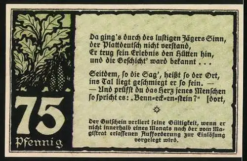 Notgeld Benneckenstein, 1921, 75 Pfennig, Gutschein des Höhenluftkurortes mit Stadtansicht und Eichenlaub-Motiv