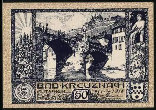 Notgeld Bad Kreuznach 1917, 50 Pfennig, Brückenmotiv und Stadtwappen