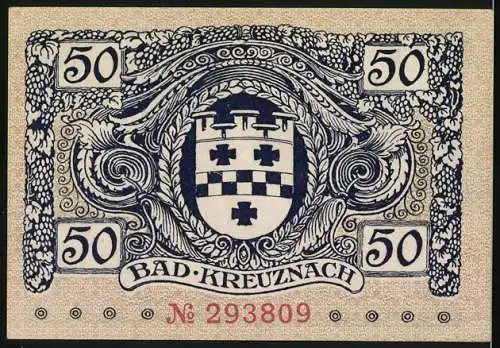 Notgeld Bad Kreuznach 1917, 50 Pfennig, Brückenmotiv und Stadtwappen