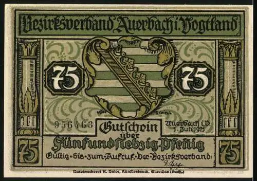 Notgeld Auerbach 1921, 75 Pfennig, Gutschein über Fünfundsiebzig Pfennig mit Wappen und Spruch