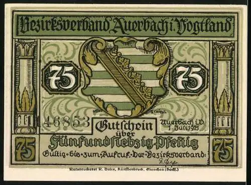 Notgeld Auerbach 1921, 75 Pfennig, Illustrationen von Hans Kinder und Wappen des Bezirksverbands Vogtland