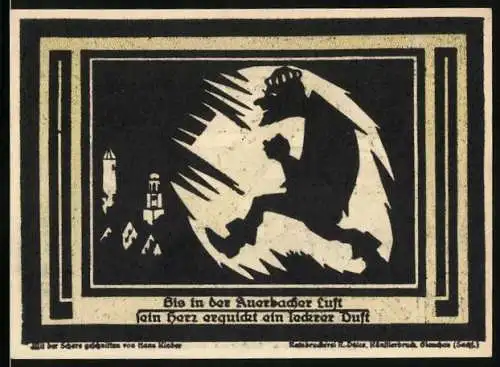 Notgeld Auerbach 1921, 75 Pfennig, Bezirksverband Auerbach i. Vogtland, Illustration mit Teufel und Stadtansicht