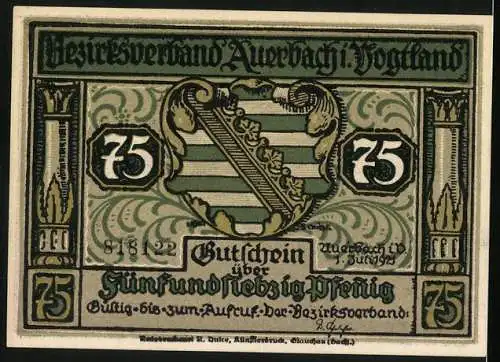 Notgeld Auerbach 1921, 75 Pfennig, Bezirksverband Auerbach i. Vogtland, Illustration mit Teufel und Stadtansicht