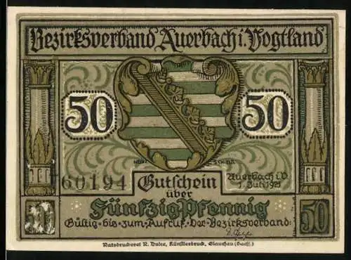 Notgeld Auerbach i. V. 1921, 50 Pfennig, Gutschein über Fünfzig Pfennig, Wappen und Verzierung, Bezirksverband