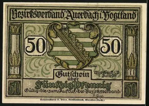Notgeld Auerbach i. V. 1921, 50 Pfennig, Gutschein über Fünfzig Pfennig, Wappen und Verzierung, Bezirksverband