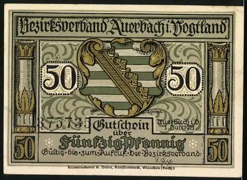 Notgeld Auerbach 1921, 50 Pfennig, Bezirksverband Auerbach i. Vogtland mit Wappen und Scherenschnitt von Hans Kinder