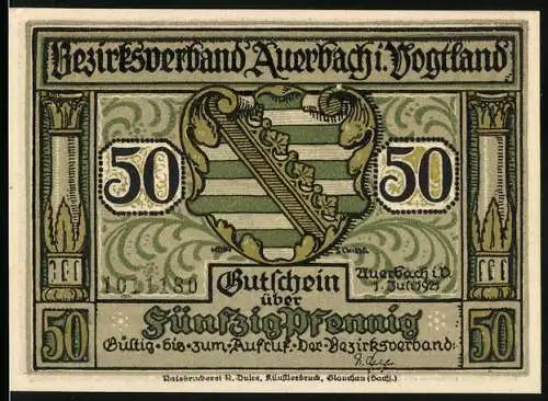 Notgeld Auerbach, 1921, 50 Pfennig, Bezirksverband Auerbach /Vogtland mit Wappen und Silhouettenkunst