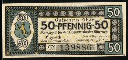 Notgeld Biberach 1918, 50 Pfennig, Kriegsnotgeld mit Wappen und Landschaftsabbildung, gültig bis 31. Oktober 1919