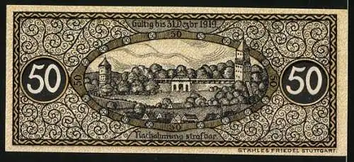 Notgeld Biberach 1918, 50 Pfennig, Kriegsnotgeld mit Wappen und Landschaftsabbildung, gültig bis 31. Oktober 1919