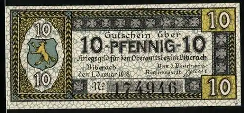 Notgeld Biberach 1918, 10 Pfennig, Kriegsnotgeld mit Wappen und Stadtansicht auf der Rückseite