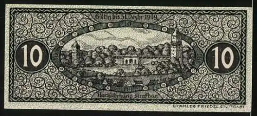 Notgeld Biberach 1918, 10 Pfennig, Kriegsnotgeld mit Wappen und Stadtansicht auf der Rückseite