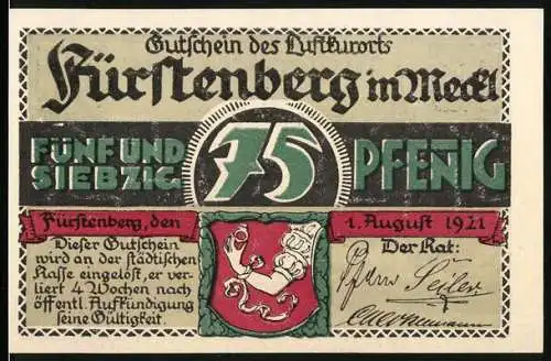 Notgeld Fürstenberg 1921, 75 Pfennig, Gutschein des Luftkurorts mit Stadtwappen und Marktplatzillustration