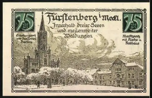 Notgeld Fürstenberg 1921, 75 Pfennig, Gutschein des Luftkurorts mit Stadtwappen und Marktplatzillustration