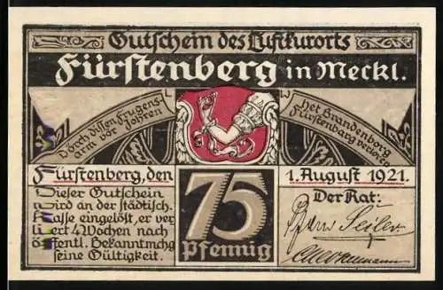 Notgeld Fürstenberg 1921, 75 Pfennig, Gutschein des Luftkurorts mit Wappen und Fischer-Szene