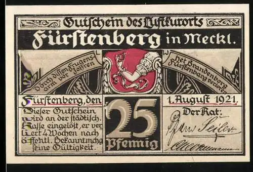Notgeld Fürstenberg 1921, 25 Pfennig, Gutschein des Luftkurorts mit Dampfschiff auf der Havel