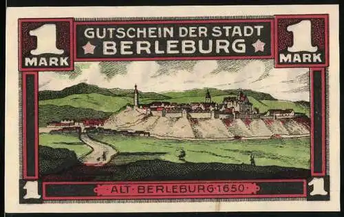 Notgeld Berleburg, 1921, 1 Mark, Ansicht von Alt-Berleburg und Wappen der Stadt Berleburg