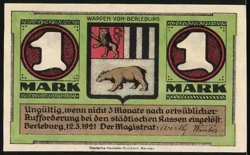 Notgeld Berleburg, 1921, 1 Mark, Ansicht von Alt-Berleburg und Wappen der Stadt Berleburg