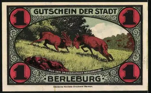 Notgeld Berleburg, 1921, 1 Mark, Kolonie Lause bei Berleburg und Jagdgründe mit Hirschen