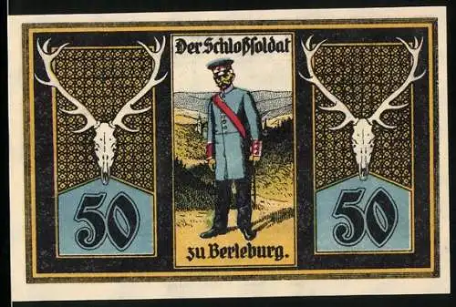 Notgeld Berleburg, 1921, 50 Pfennig, Der Schlosssoldat zu Berleburg und Gutschein der Stadt Berleburg