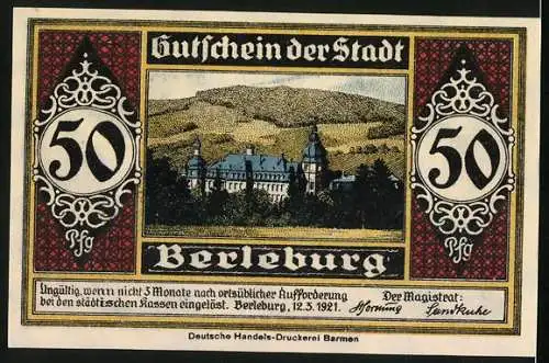 Notgeld Berleburg, 1921, 50 Pfennig, Der Schlosssoldat zu Berleburg und Gutschein der Stadt Berleburg