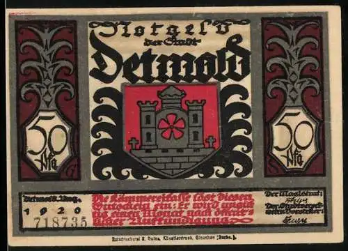 Notgeld Detmold, 1920, 50 Pfennig, Stadtwappen und historische Szene mit kämpfenden Cheruskern und Legionären