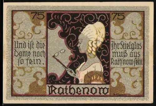 Notgeld Rathenow, 75 Pfennig, Dame mit Brille und Text, Rückseite Stadtansicht und Text