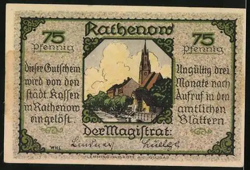 Notgeld Rathenow, 75 Pfennig, Dame mit Brille und Text, Rückseite Stadtansicht und Text