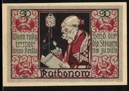 Notgeld Rathenow, 1921, 50 Pfennig, Frau mit Brille und Stadtansicht