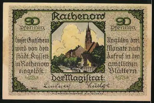 Notgeld Rathenow, 1921, 50 Pfennig, Frau mit Brille und Stadtansicht