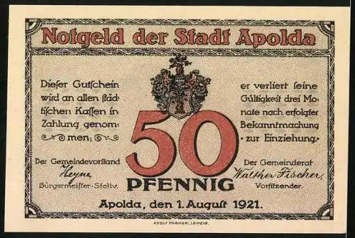 Notgeld Apolda, 1921, 50 Pfennig, Schloss und Stadtwappen, Text und Signaturen