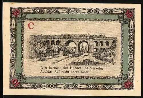 Notgeld Apolda, 1921, 50 Pfennig, Viadukt und Handelsverkehr, gültig bis November 1921