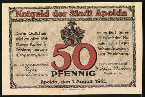 Notgeld Apolda, 1921, 50 Pfennig, Viadukt und Handelsverkehr, gültig bis November 1921