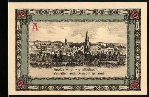 Notgeld Apolda, 1921, 50 Pfennig, Stadtansicht und Stadtwappen