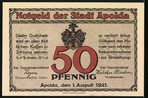 Notgeld Apolda, 1921, 50 Pfennig, Stadtansicht und Stadtwappen