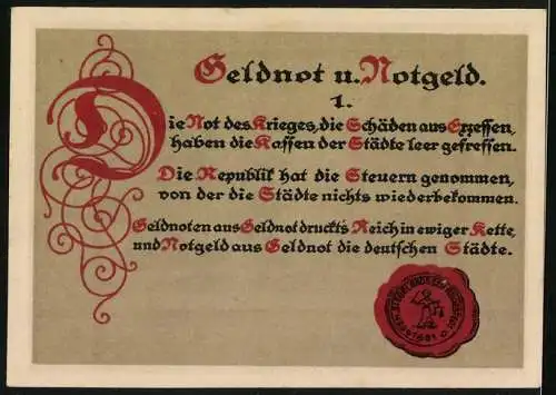 Notgeld Grossrudestedt, 1921, 25 Pfennig, Abbildung einer Gebäudereihe mit Bäumen und Text über finanzielle Not
