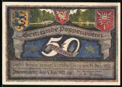 Notgeld Poppenbüttel, 1921, 50 Pfennig, Wappen und Landschaftsszene mit Haus und Baum