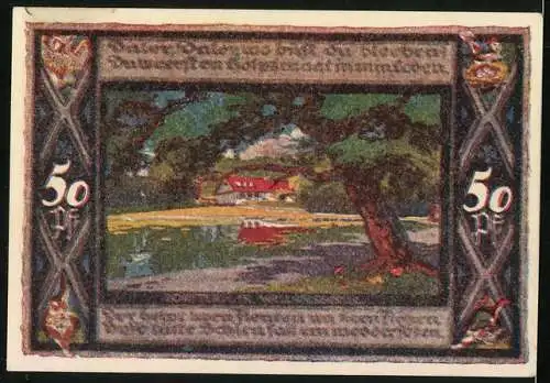 Notgeld Poppenbüttel, 1921, 50 Pfennig, Wappen und Landschaftsszene mit Haus und Baum