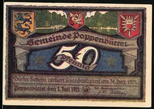 Notgeld Poppenbüttel 1921, 50 Pfennig, Gemeinde Poppenbüttel mit Wappen und Landschaftsbildern