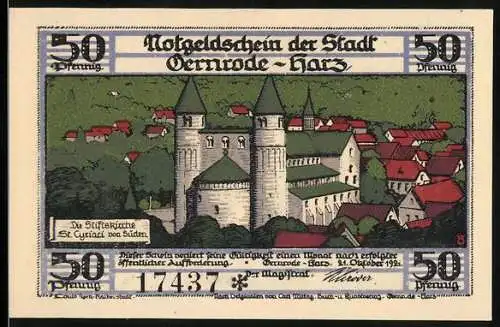 Notgeld Gernrode / Harz, 1921, 50 Pfennig, Stiftskirche St. Cyriakus und Innenansicht der Kapelle des heiligen Grabes