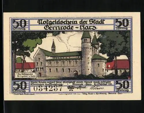Notgeld Gernrode - Harz, 1921, 50 Pfennig, Abbildung der Stiftskirche St. Cyriakus und Krypta-Ansichten