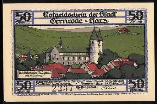 Notgeld Gernrode - Harz 1921, 50 Pfennig, Stiftskirche St. Cyriak und historische Persönlichkeiten