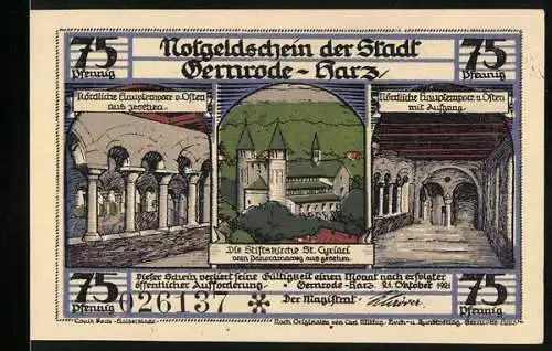 Notgeld Gernrode - Harz, 1921, 75 Pfennig, Stiftskirche St. Cyriakus mit Darstellungen von biblischen Szenen