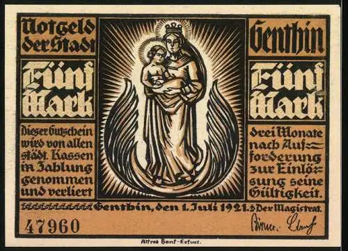 Notgeld Genthin, 1921, Fünf Mark, Stadtansicht und Madonna mit Kind, Seriennummer 47960