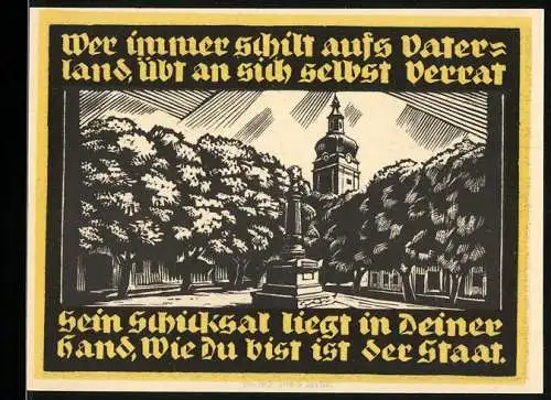 Notgeld Genthin 1921, 2 Mark, Denkmal und Kirchturm, Wappen