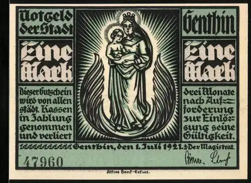 Notgeld Genthin, 1921, Eine Mark, Darstellung der Madonna mit Kind und historische Architektur im Wald