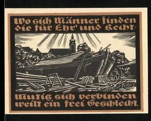 Notgeld Genthin, 1921, 50 Pfennig, Darstellung von Maria mit Kind und einem Schiff im Bau