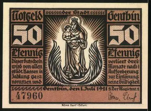 Notgeld Genthin, 1921, 50 Pfennig, Darstellung von Maria mit Kind und einem Schiff im Bau